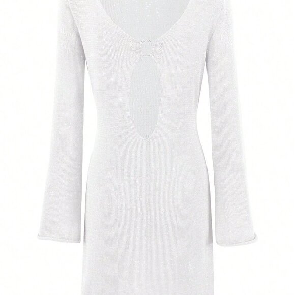 White Women's Sexy Metallic Ring Hollow Deep V-Neck Knit Wrap Knit Mini Dress - Picture 5 of 8